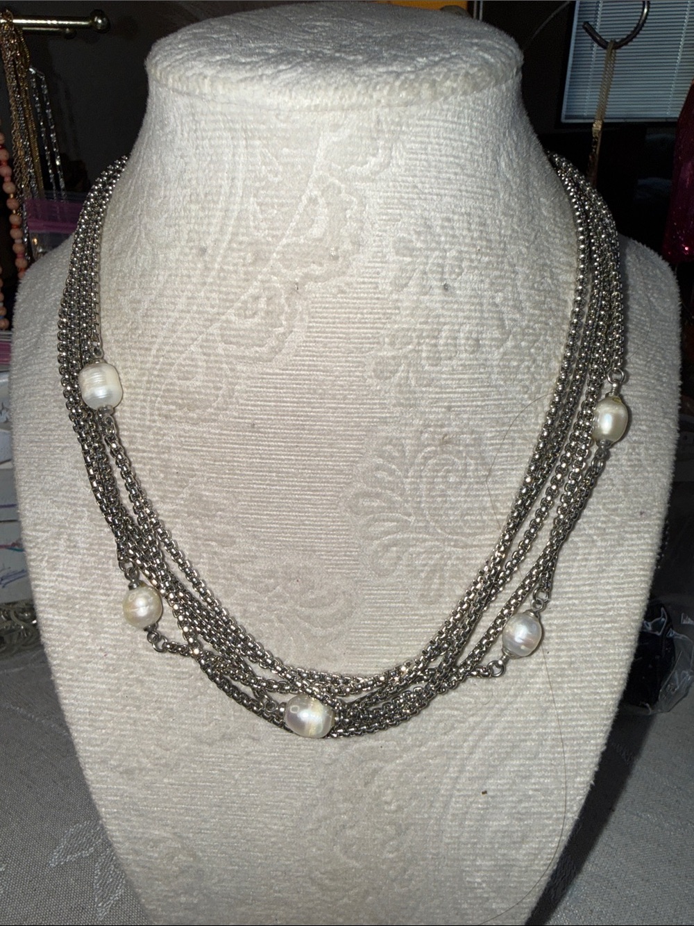Multi-Strand Silver Chain Necklace with White Pearl Accents